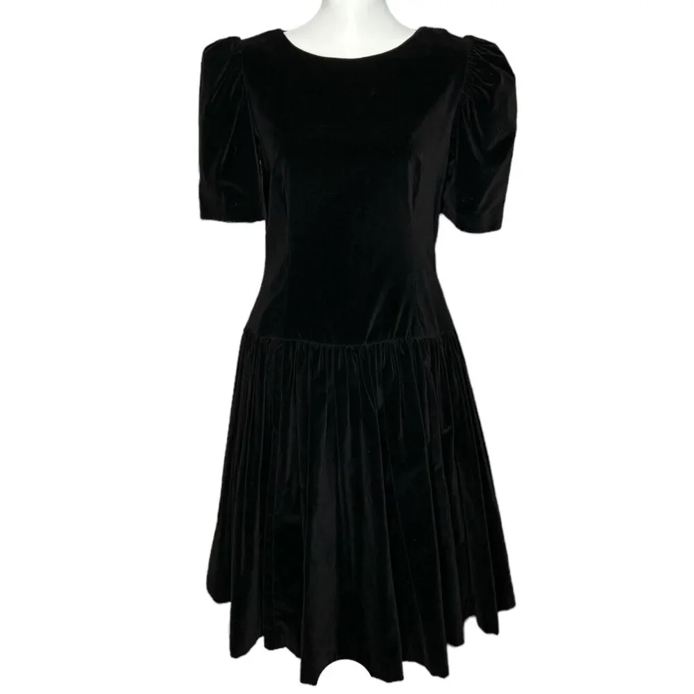 Vintage Black Velvet 80s Drop Waist Back Rainbow Bows Whimsygoth Dress 11/12 S - Picture 2 of 8